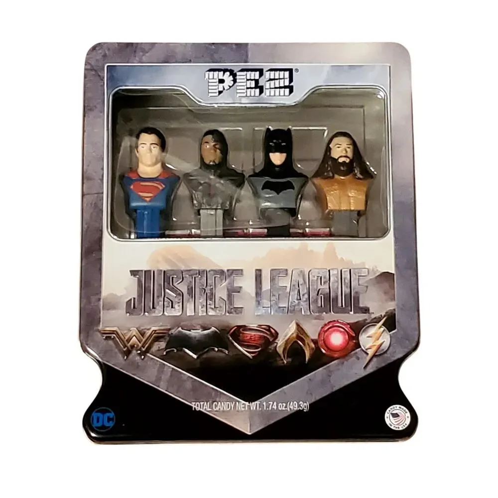 DC Comics Justice League PEZ Set Superman Cyborg Batman Aquaman Dispensers Tin
